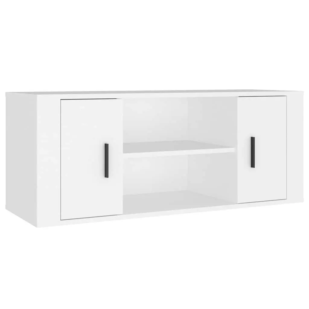 White TV Cabinet 100x35x40cm Engineered Wood Storage Unit with Doors and Compartments