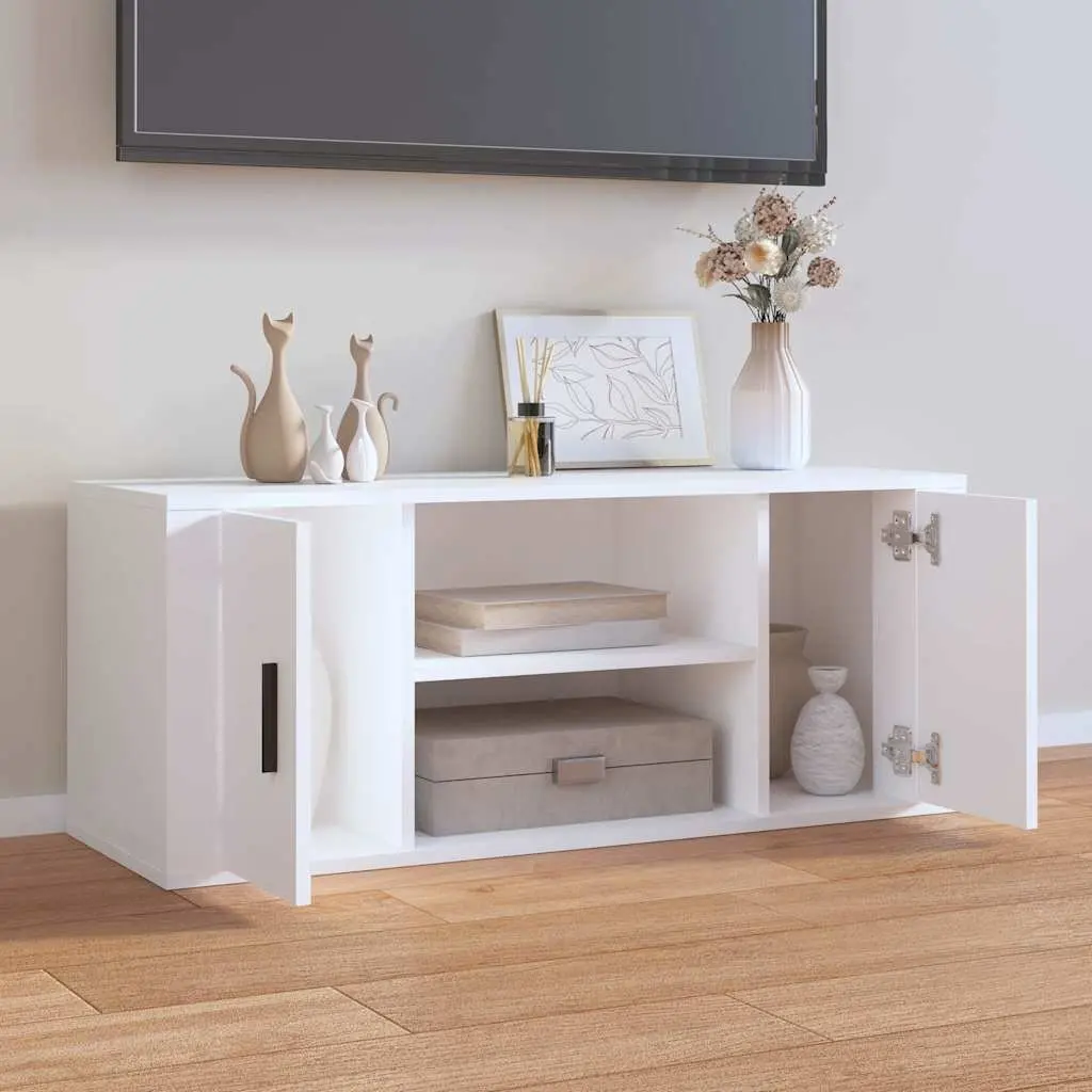 White TV Cabinet 100x35x40cm Engineered Wood Storage Unit with Doors and Compartments