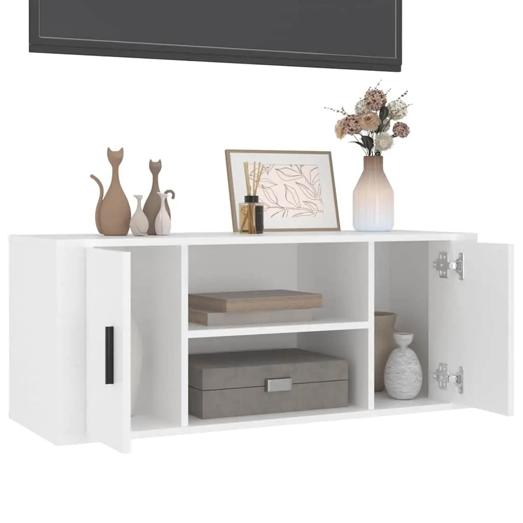 White TV Cabinet 100x35x40cm Engineered Wood Storage Unit with Doors and Compartments