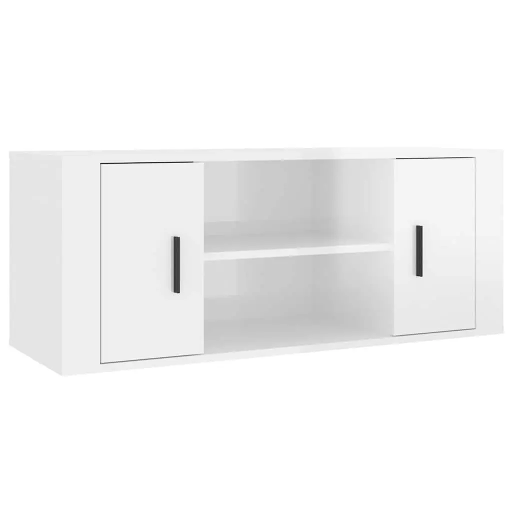 Engineered Wood TV Cabinet High Gloss White Media Unit Spacious Storage 100x35x40cm