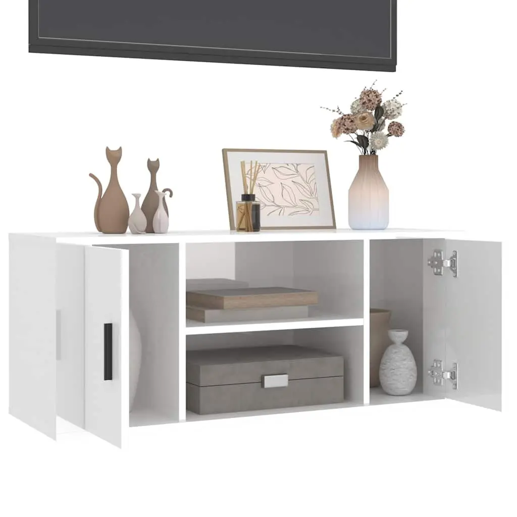 Engineered Wood TV Cabinet High Gloss White Media Unit Spacious Storage 100x35x40cm