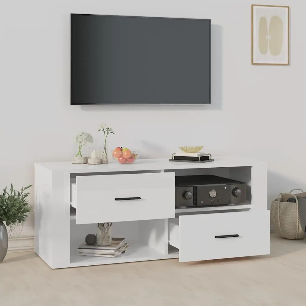 TV Cabinet High Gloss White Engineered Wood Media Storage Unit