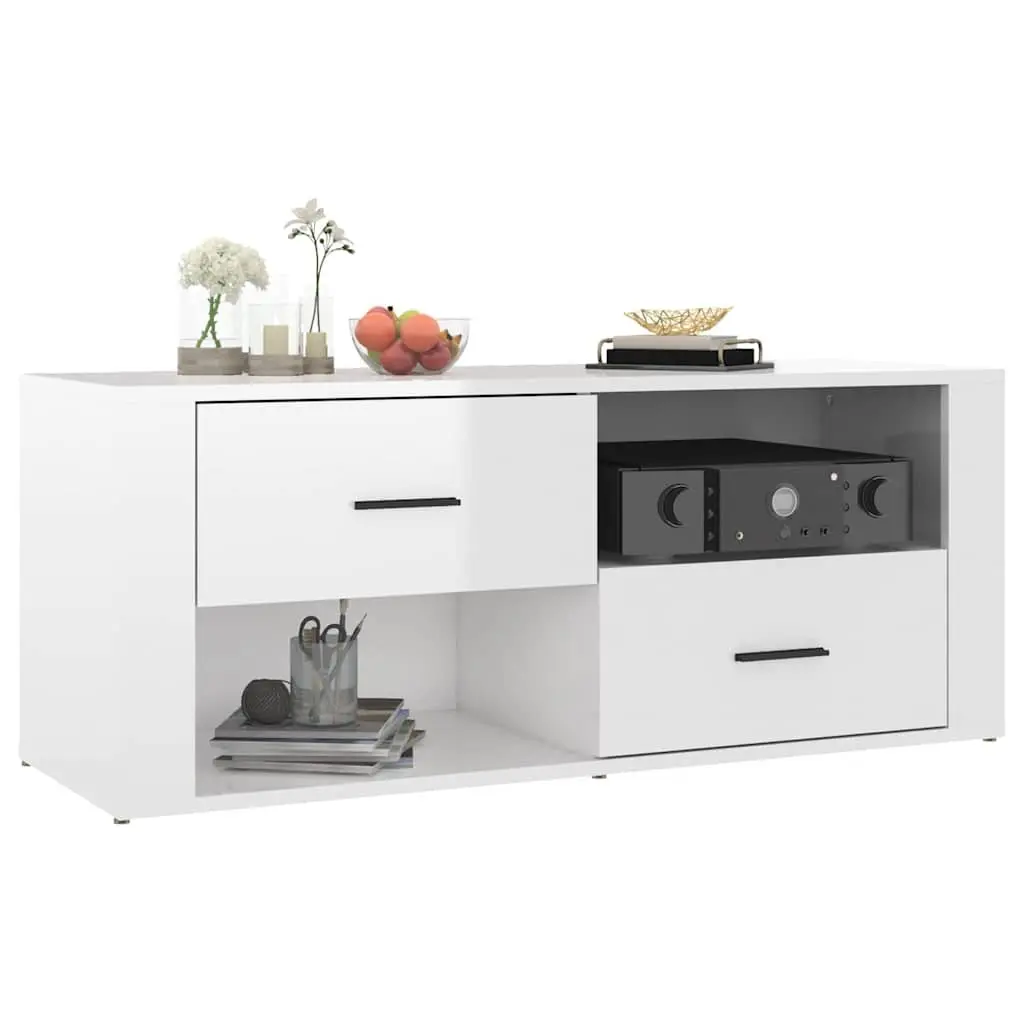 TV Cabinet High Gloss White Engineered Wood Media Storage Unit