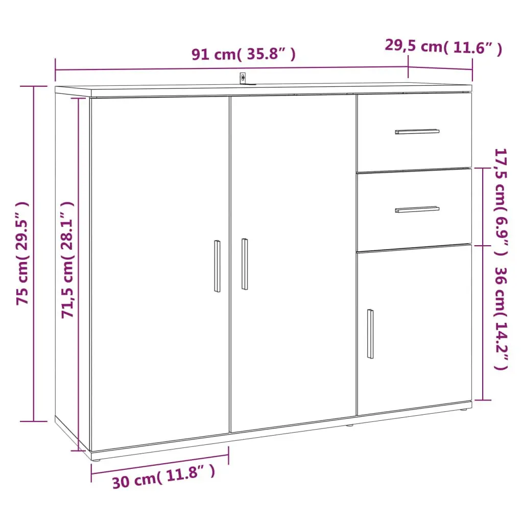 Sideboard Storage Cabinet Brown Engineered Wood 91x29.5x75cm Cupboard Buffet