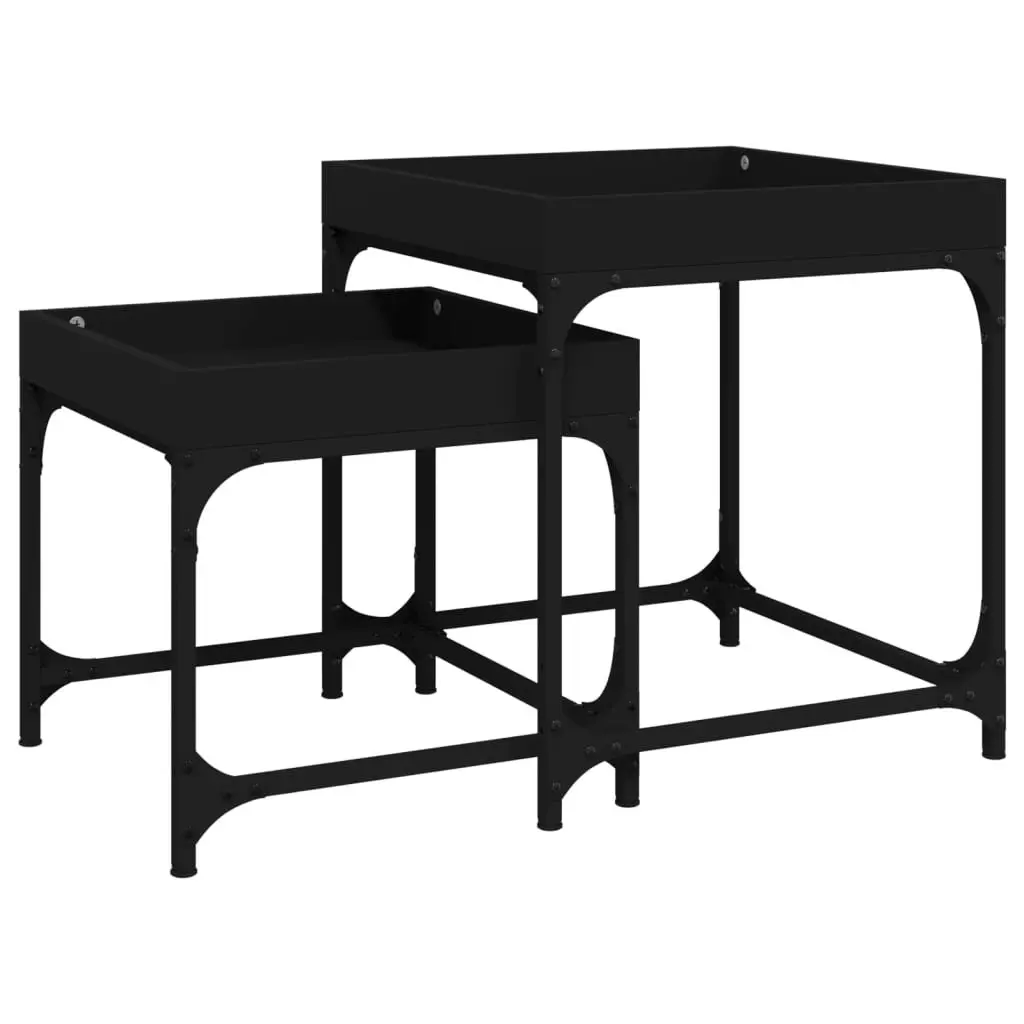 Side Tables 2 pcs Black Engineered Wood Steel Frame Coffee Accent Table Set