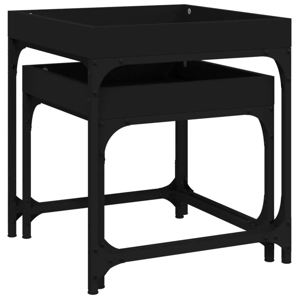 Side Tables 2 pcs Black Engineered Wood Steel Frame Coffee Accent Table Set