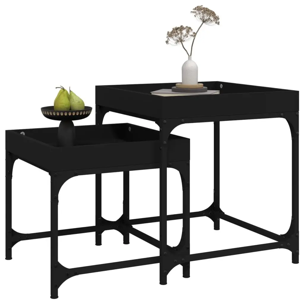 Side Tables 2 pcs Black Engineered Wood Steel Frame Coffee Accent Table Set