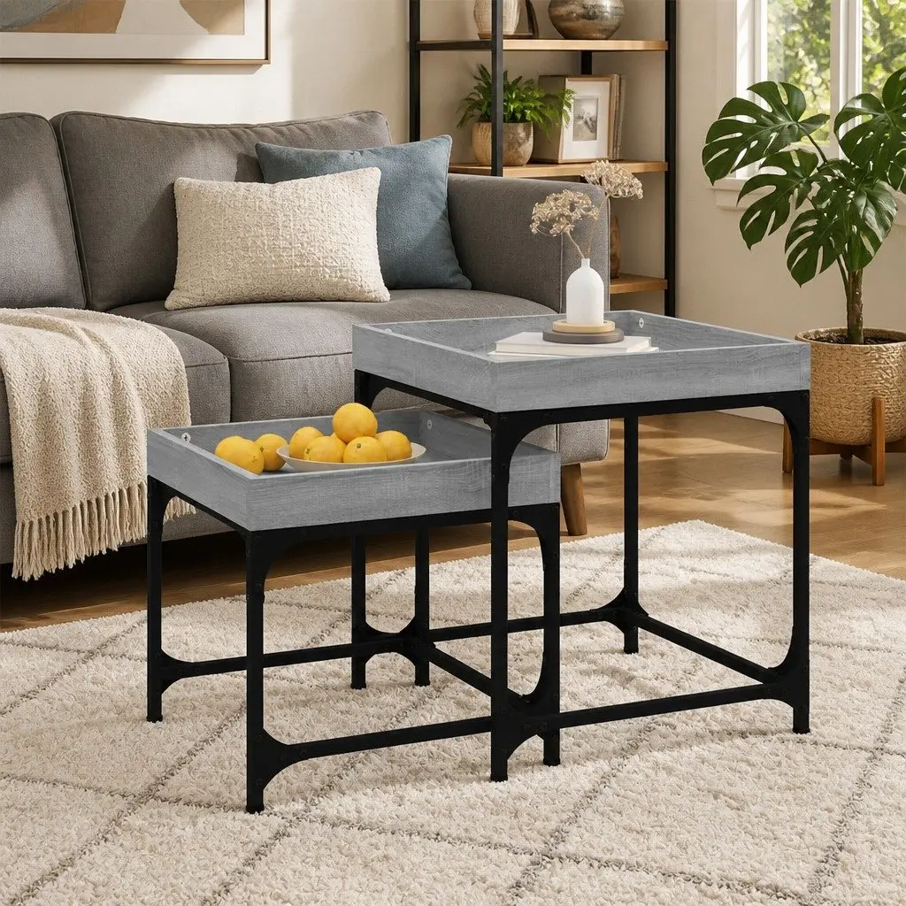 Side Tables Set of 2 Grey Engineered Wood Industrial Living Room Accent