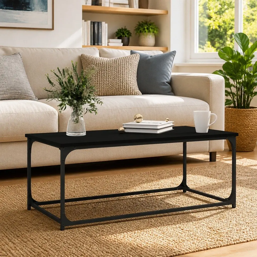 Black Coffee Table Engineered Wood Top Iron Frame Compact Size 102cm x 50cm x 40cm