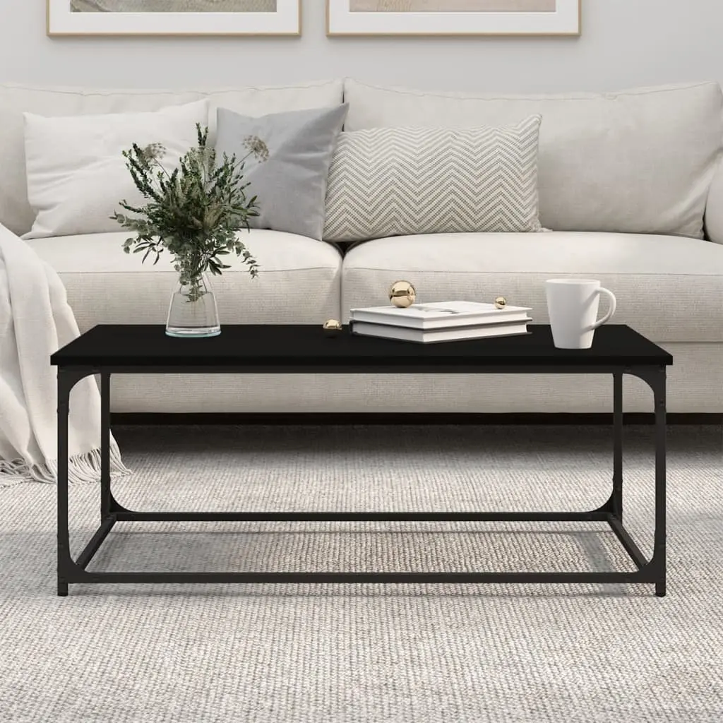 Black Coffee Table Engineered Wood Top Iron Frame Compact Size 102cm x 50cm x 40cm