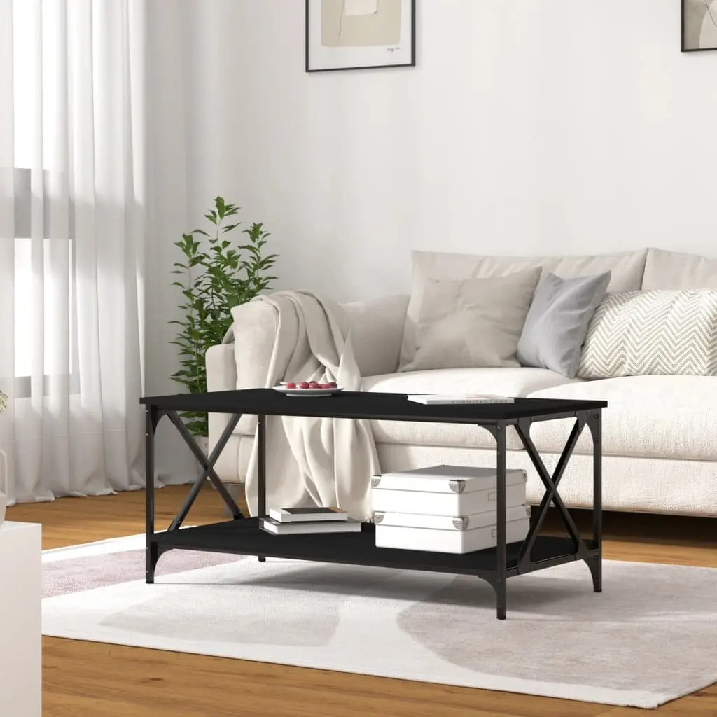 Coffee Table Black Engineered Wood Iron Frame 100L x 50W x 45H cm