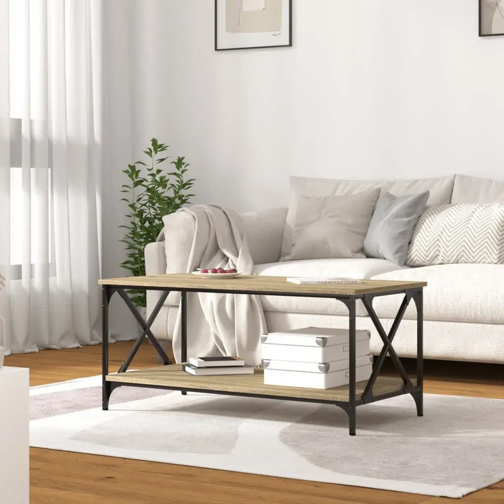 Coffee Table Open Shelf Brown Engineered Wood Iron Frame 100 x 50 x 45 cm