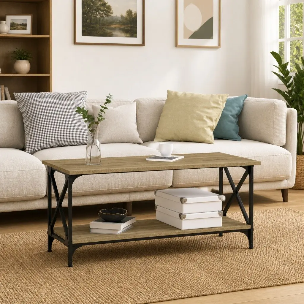 Coffee Table Black Engineered Wood Iron Frame Living Room Accent Furniture