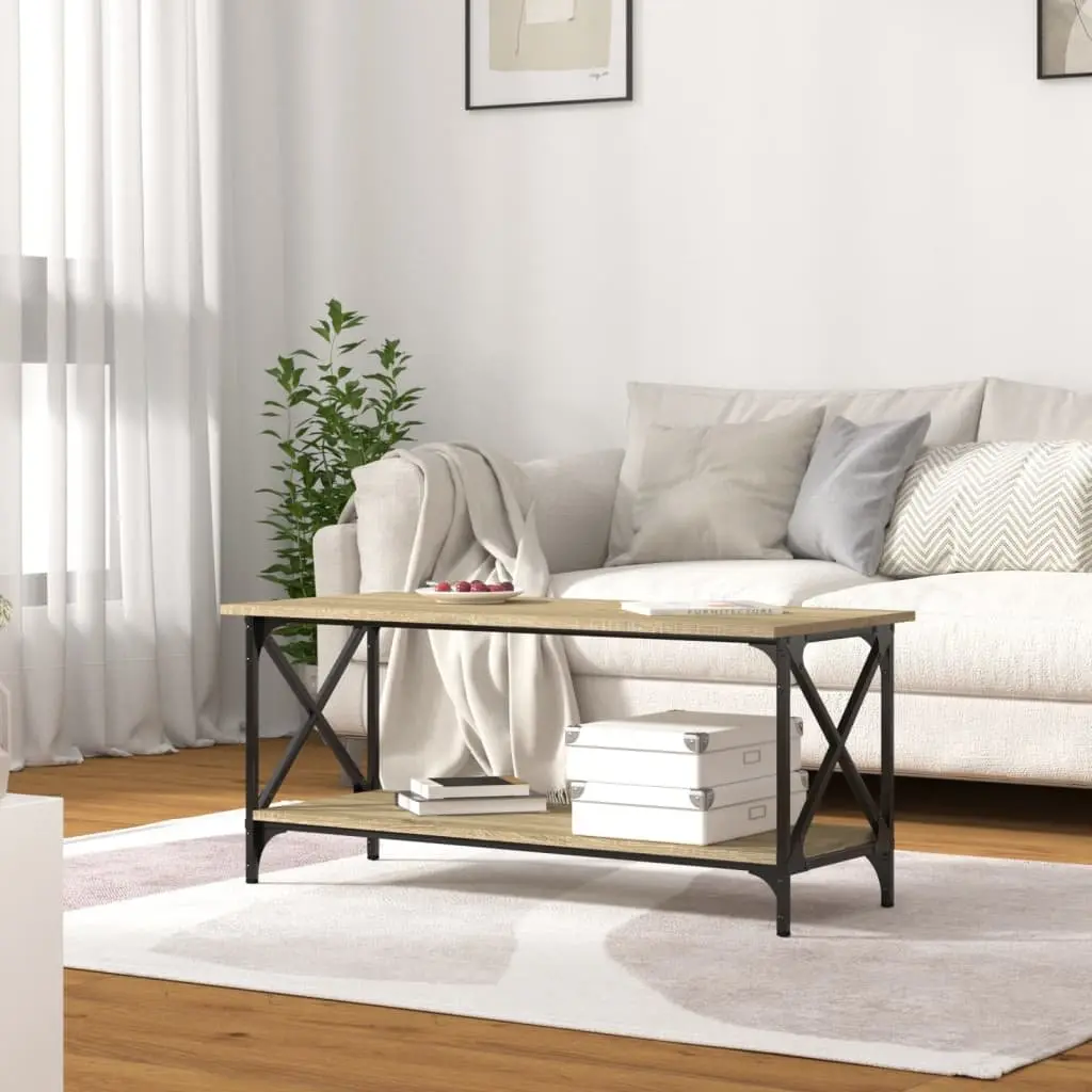Coffee Table Open Shelf Brown Engineered Wood Iron Frame 100 x 45 x 45 cm