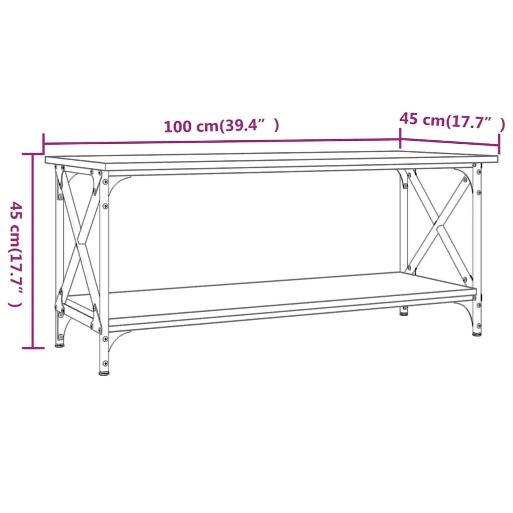 Coffee Table Open Shelf Brown Engineered Wood Iron Frame 100 x 45 x 45 cm