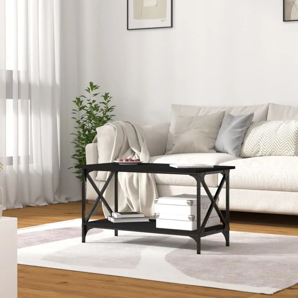 Black Coffee Table Engineered Wood Iron Frame Open Shelf 80x45x45cm