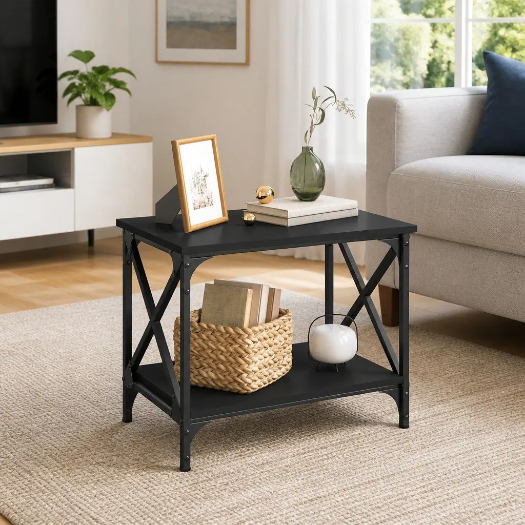 Side Table Black Open Shelf Storage Accent Furniture 55 x 38 x 45 cm