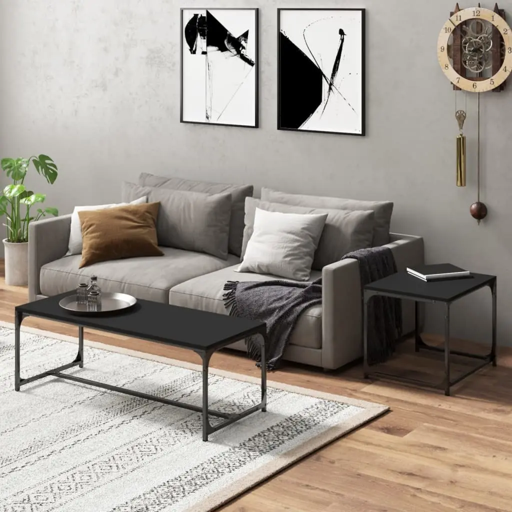Coffee Tables 2 pcs Black Industrial Storage Steel Frame Adjustable Legs