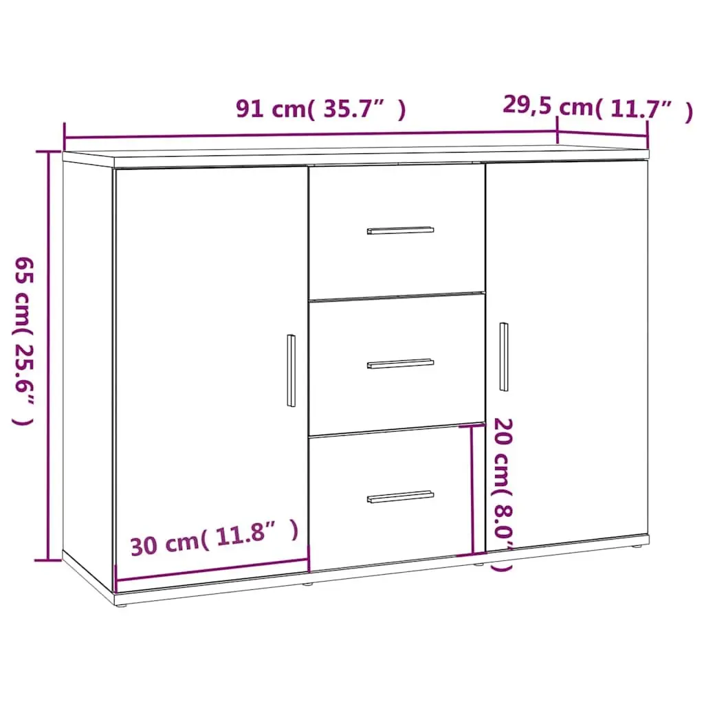 White Sideboard Storage Cabinet 91x29.5x65cm Engineered Wood Buffet 2 Doors 3