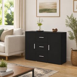 Black Sideboard Cabinet with 2 Doors 3 Drawers Storage Buffet Engineered Wood