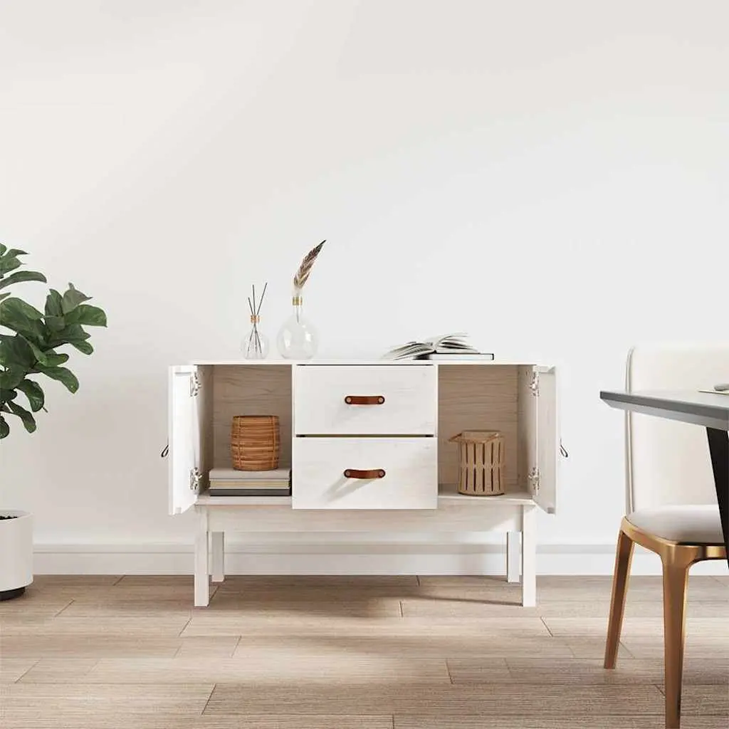 White Sideboard Storage Cabinet Solid Pine Wood 2 Drawers 2 Compartments