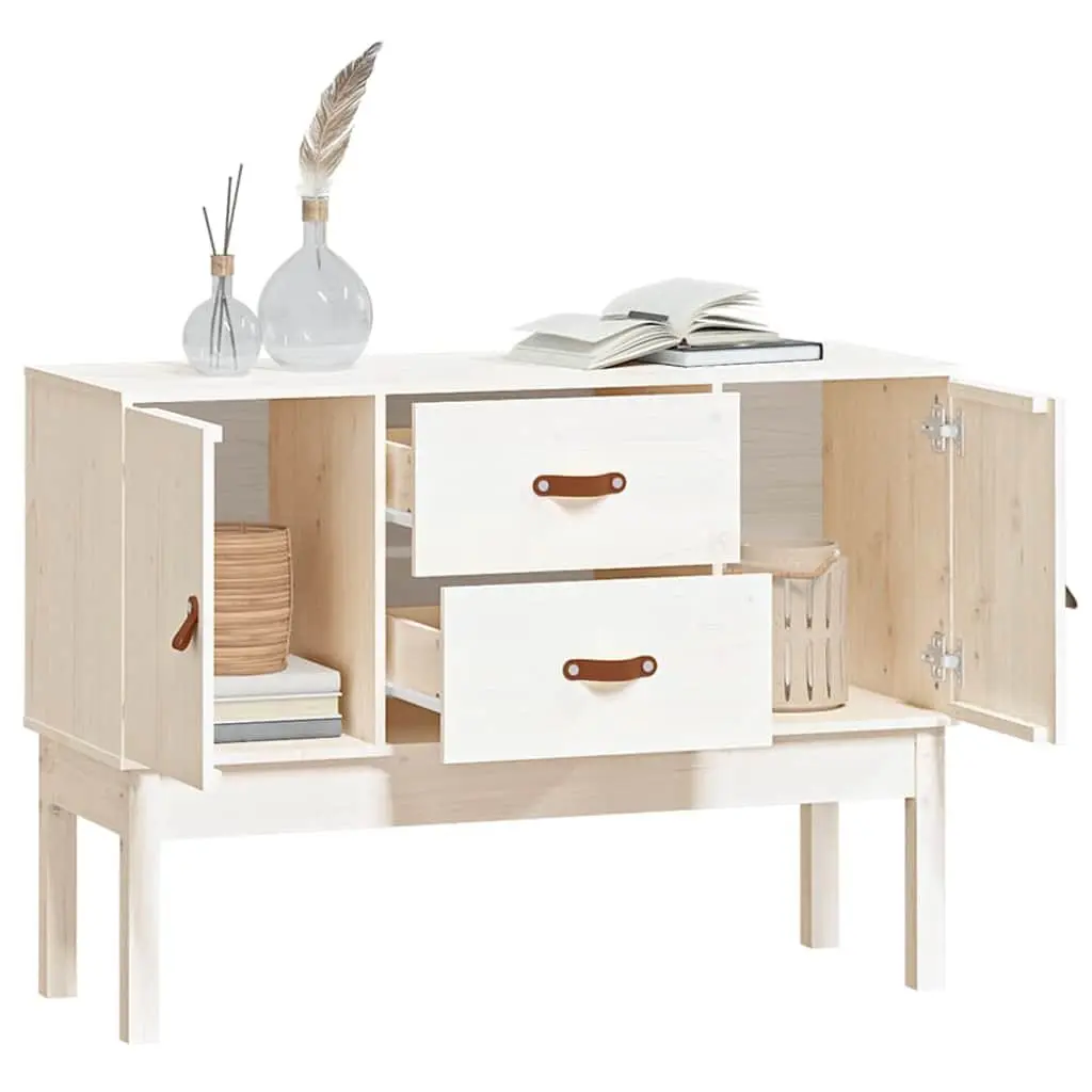 White Sideboard Storage Cabinet Solid Pine Wood 2 Drawers 2 Compartments