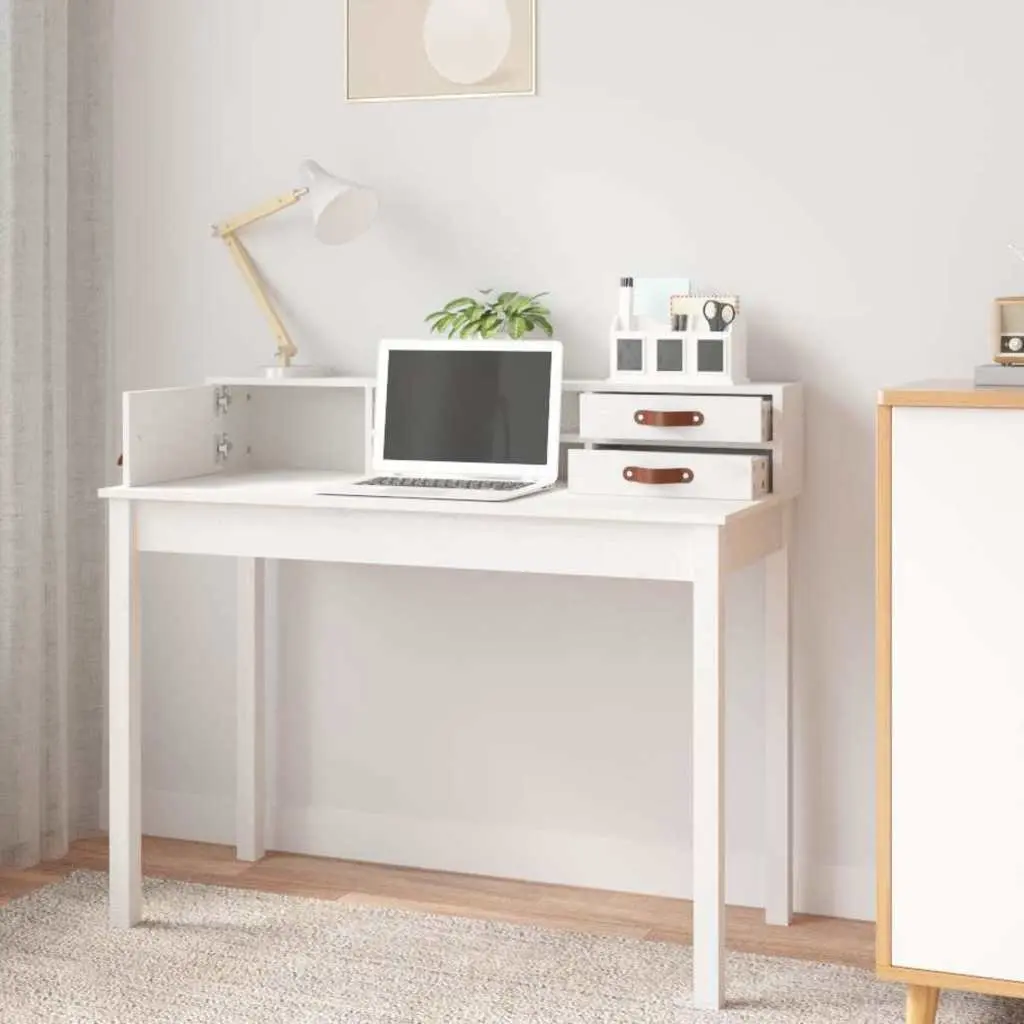 Solid Pine Wood Office Desk Compact Storage White 110 x 50 x 93 cm