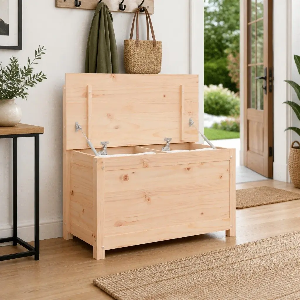 Wooden Storage Bench with Backrest Brown Solid Pine Wood Seating Furniture
