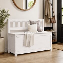 White Wooden Bench with Storage Box Backrest Solid Pine Frame 110x41x76.5cm