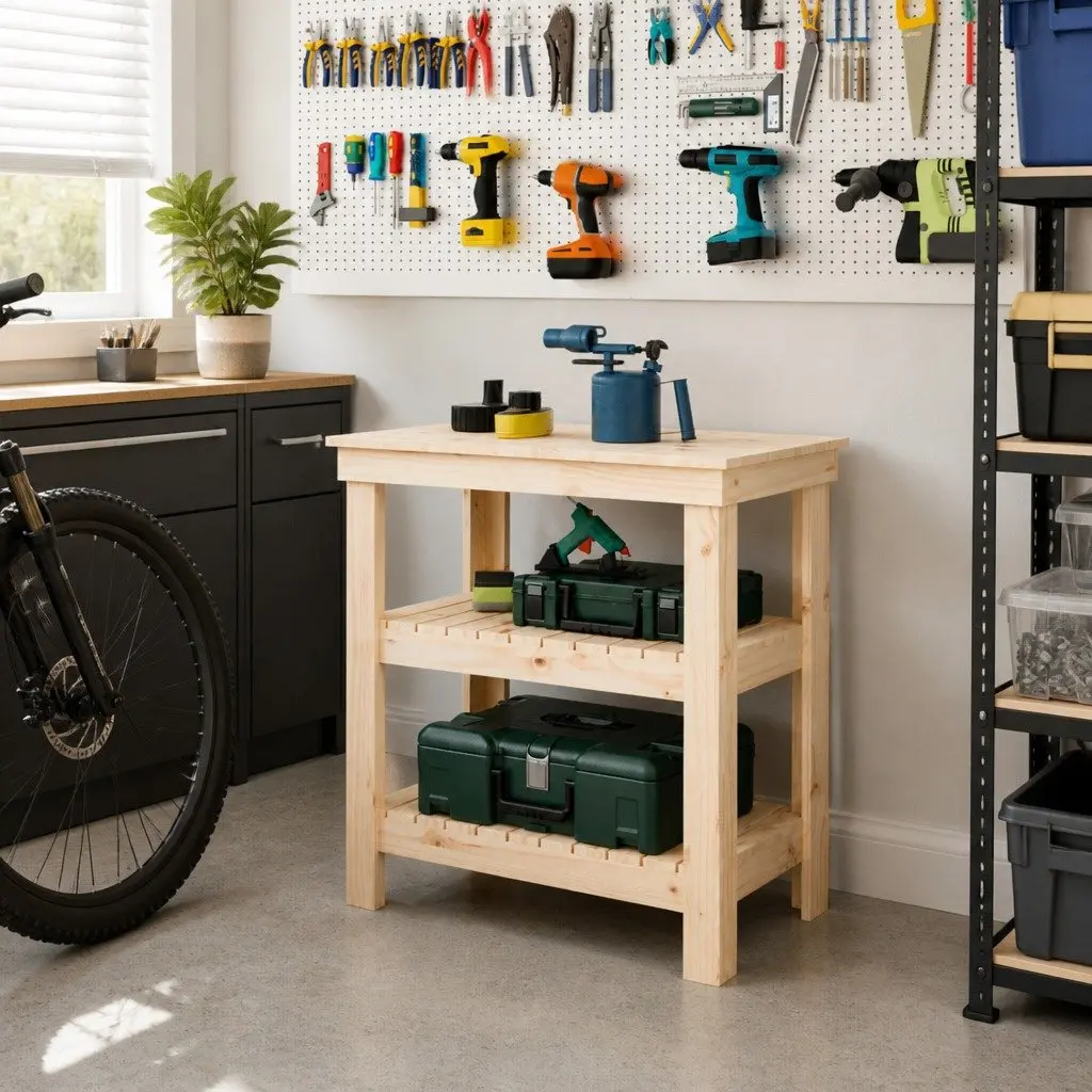 Work Bench Wooden Storage Table Brown Solid Pine Wood Shelves Garage Workshop