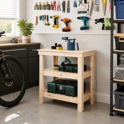 Work Bench Wooden Storage Table Brown Solid Pine Wood Shelves Garage Workshop