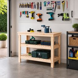 Work Bench Solid Wood Pine Storage Table with Shelves 110.5x50x80cm Brown