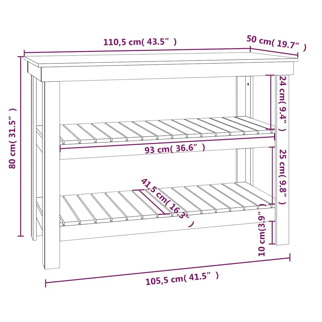 Solid Wood Pine Workbench with Shelves Brown 1105x500x800mm