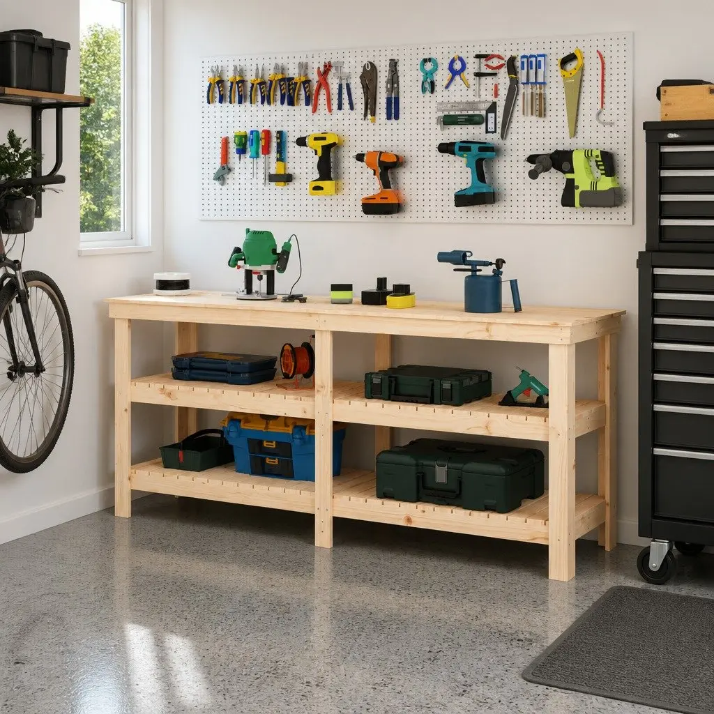 Solid Wood Work Bench with Shelves 181x50x80 cm