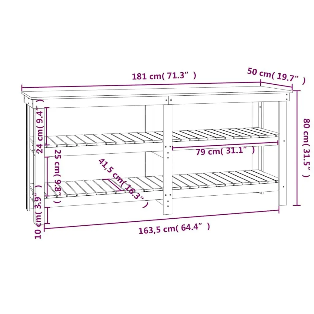 Work Bench Solid Wood Pine Storage Shelves 181x50x80 cm