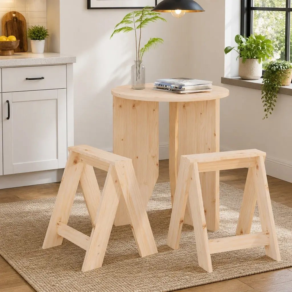 Wooden Stools Set of 2 Pine Wood Kitchen Dining Bar Seating Backrest Free Design