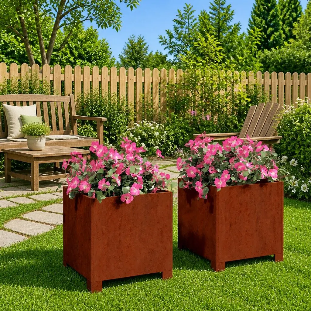 Planters with Legs Decorative Corten Steel 30x30x30 cm Set of 2 Outdoor Raised Flower Boxes