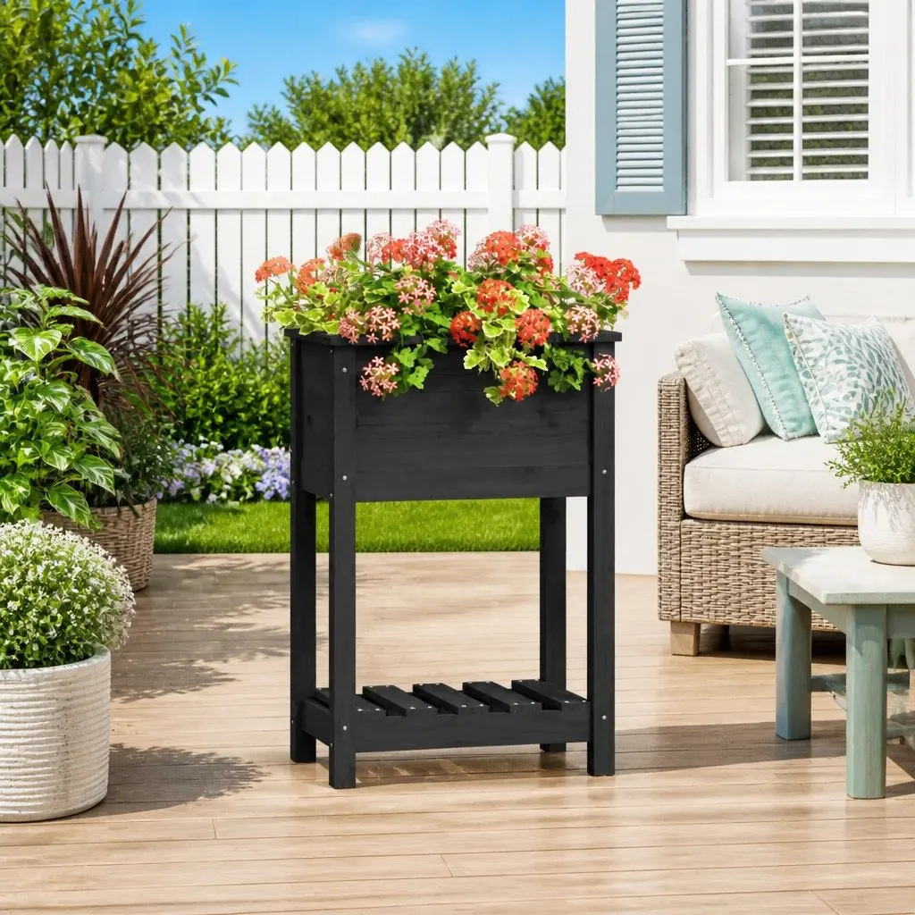 Raised Garden Flower Box with Shelf Solid Pine Grey Ergonomic Height 54x34.5x81cm