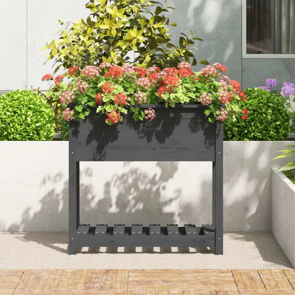 Wooden Garden Planter with Shelf Storage Grey Raised Bed Flower Box Pine