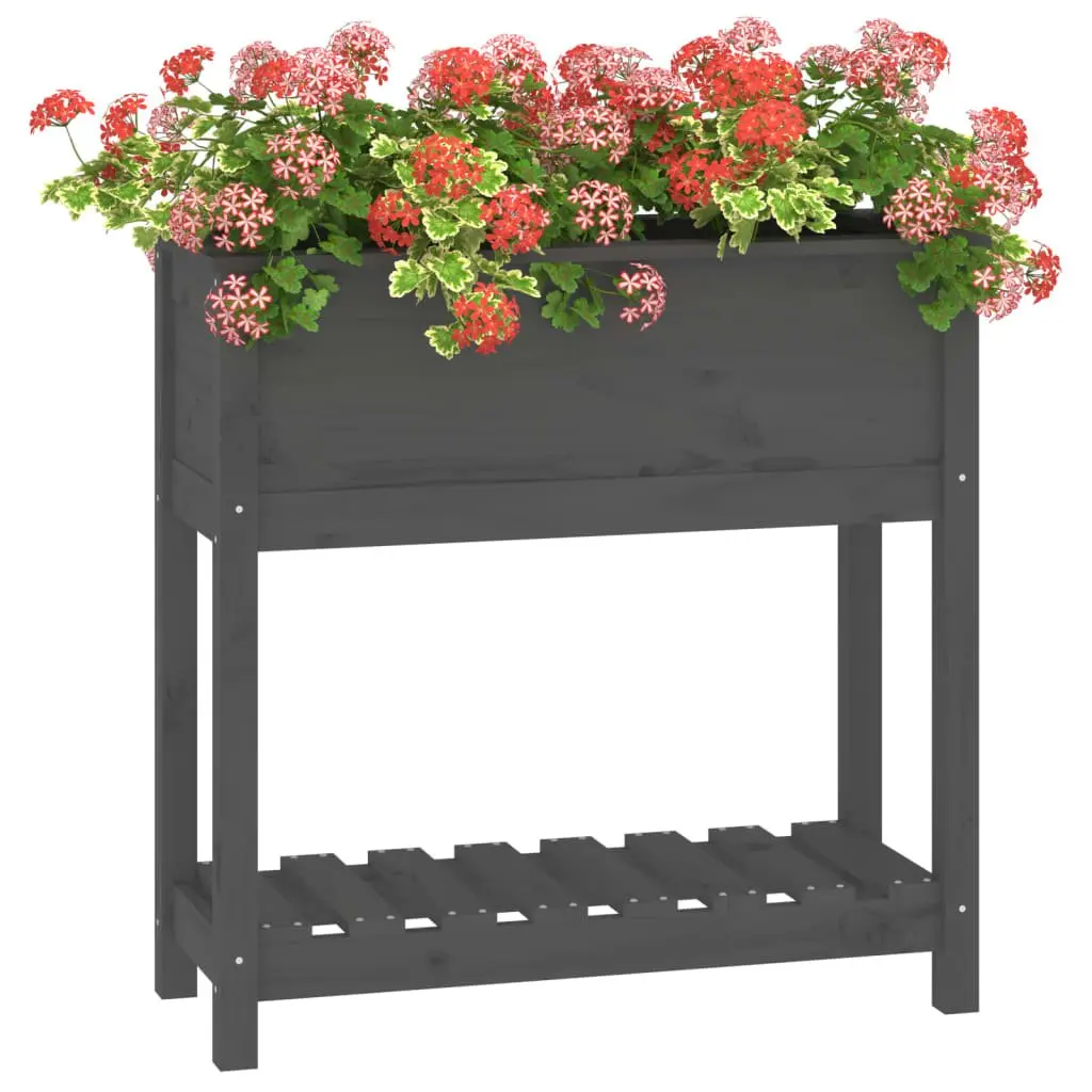 Wooden Garden Planter with Shelf Storage Grey Raised Bed Flower Box Pine
