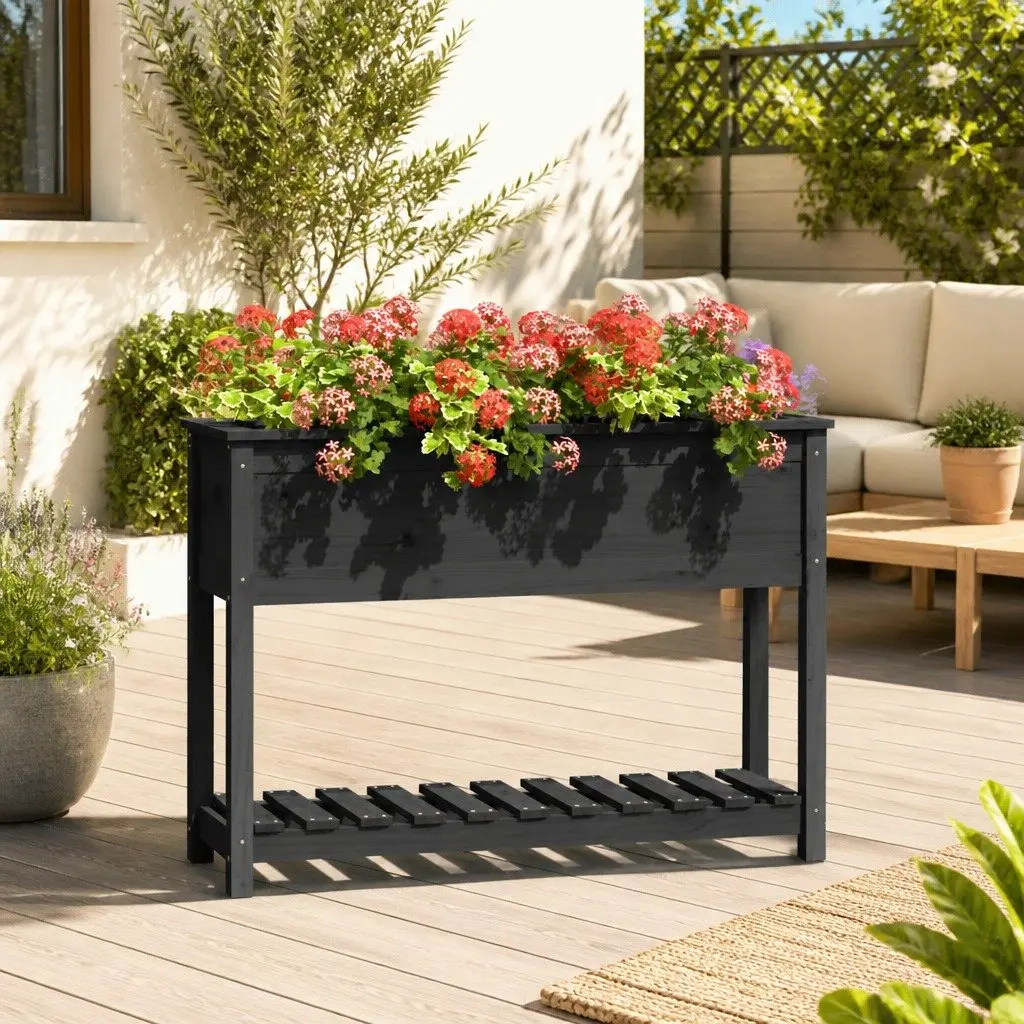 Wooden Garden Planter with Shelf Storage Grey Raised Flower Bed Pot