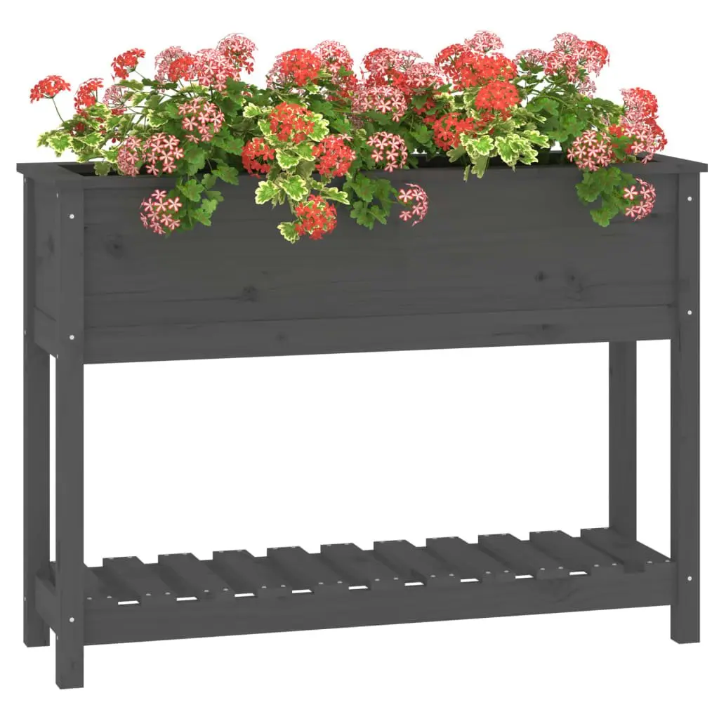Wooden Garden Planter with Shelf Storage Grey Raised Flower Bed Pot