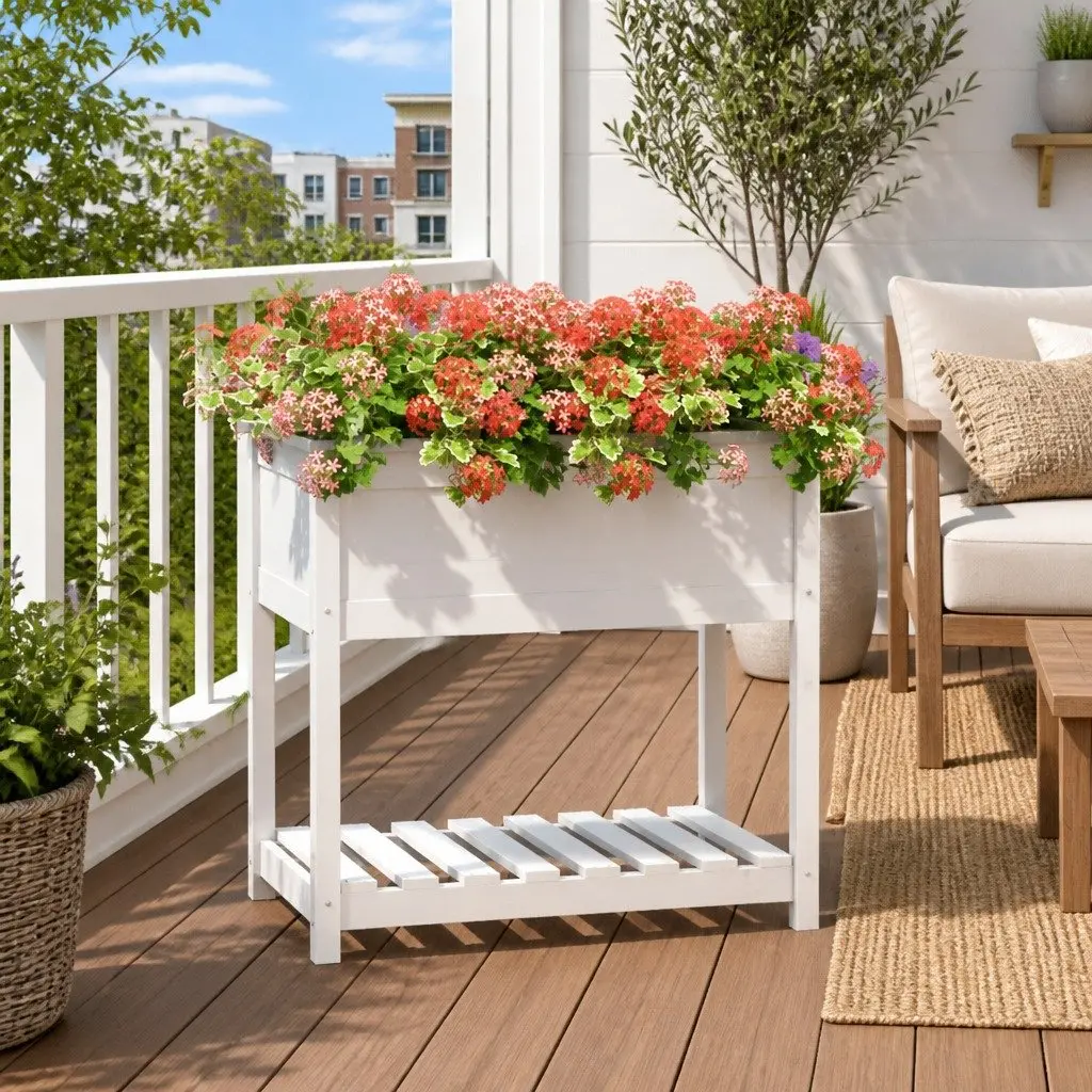 Wooden Planter with Shelf Raised Bed White Solid Pine 82.5 x 54 x 81 cm