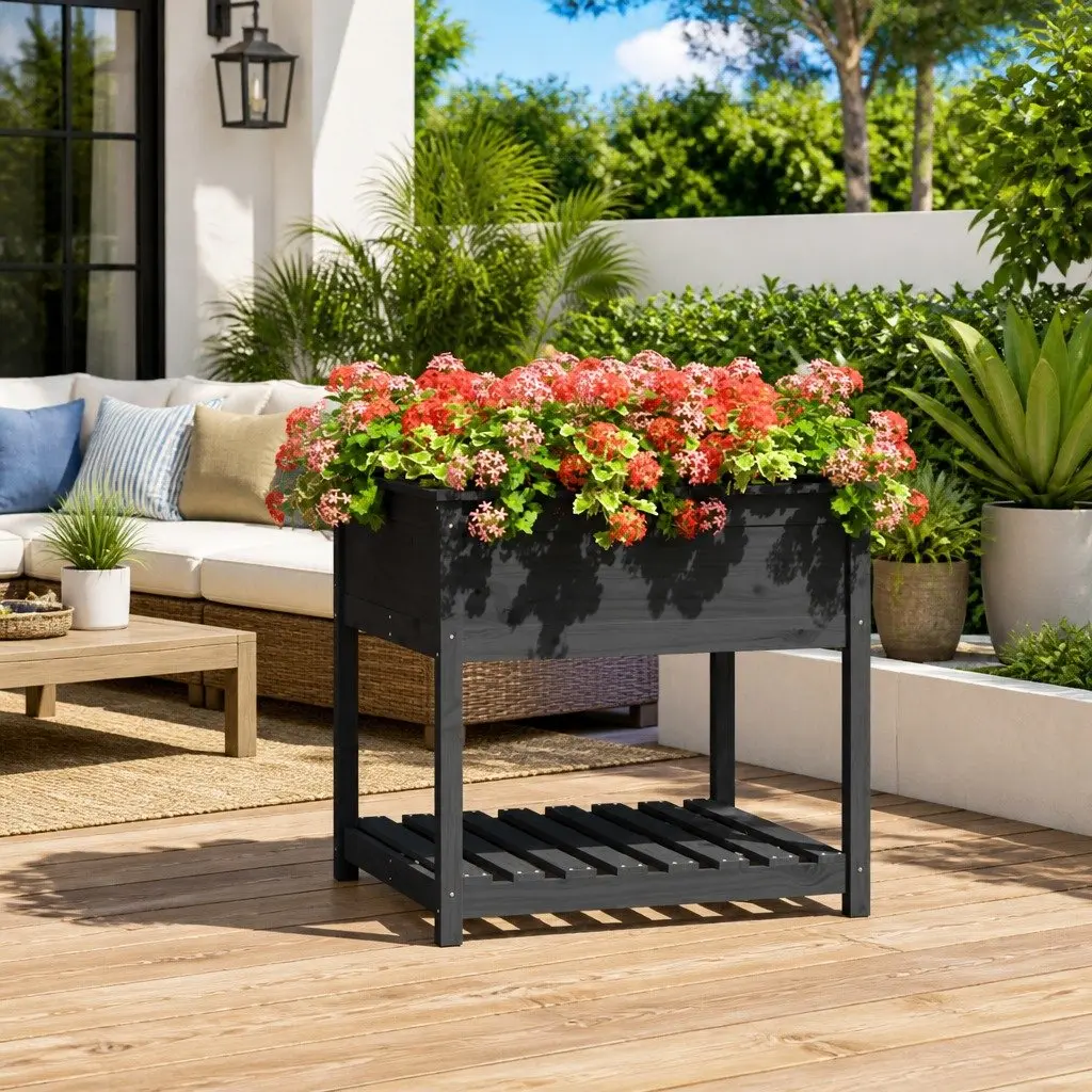 Wooden Garden Planter Grey Raised Flower Box with Shelf 82.5 x 82.5 x 81 cm