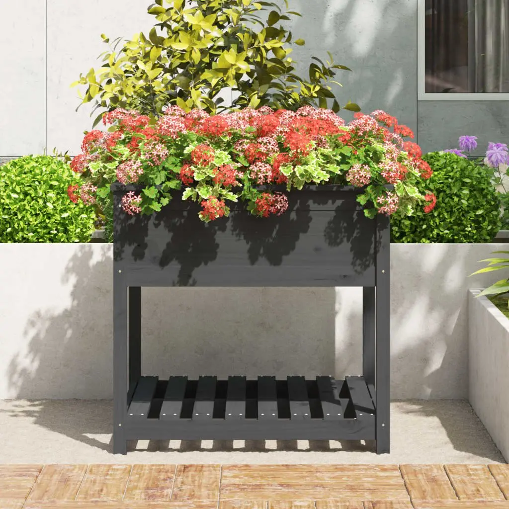 Wooden Garden Planter Grey Raised Flower Box with Shelf 82.5 x 82.5 x 81 cm