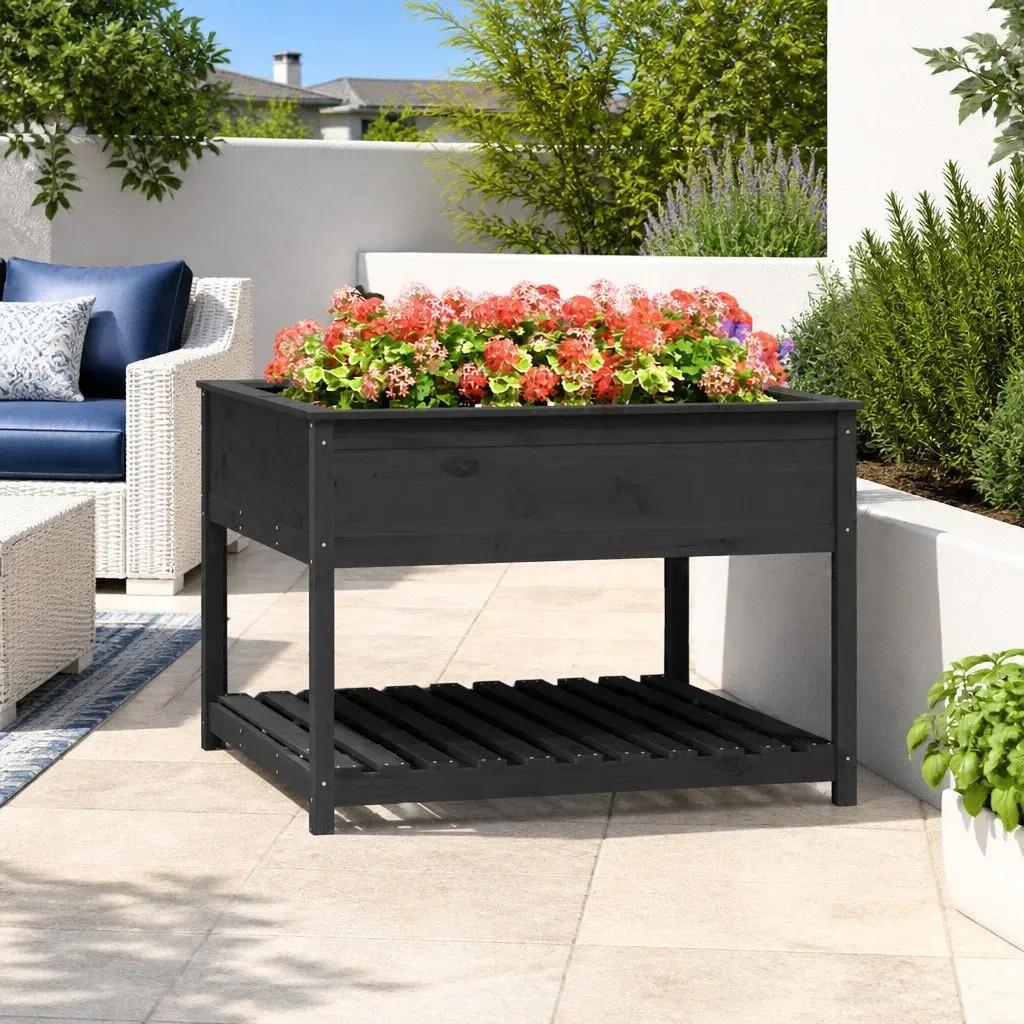 Wooden Garden Planter Raised Flower Box with Shelf Storage Grey 111.5 x 111.5 x 81 cm