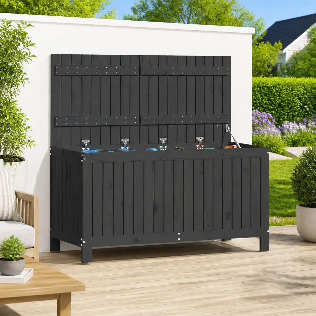 Garden Storage Box Grey Solid Pine Wood Hydraulic Gas Lift 121 x 55 x 64 cm