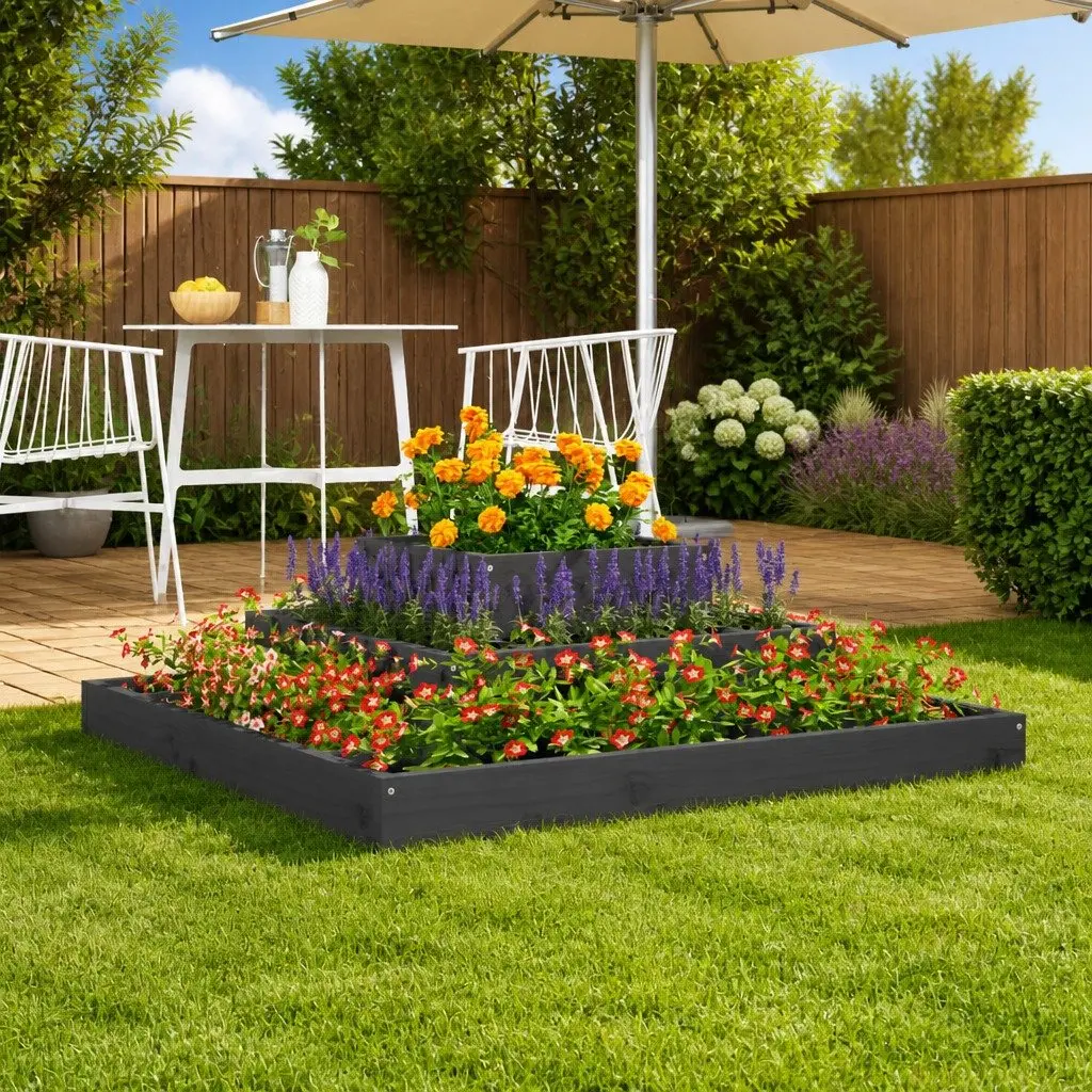 3-Tier Wooden Planter Box Grey Solid Pine 80x80x27 cm Raised Flower Pot