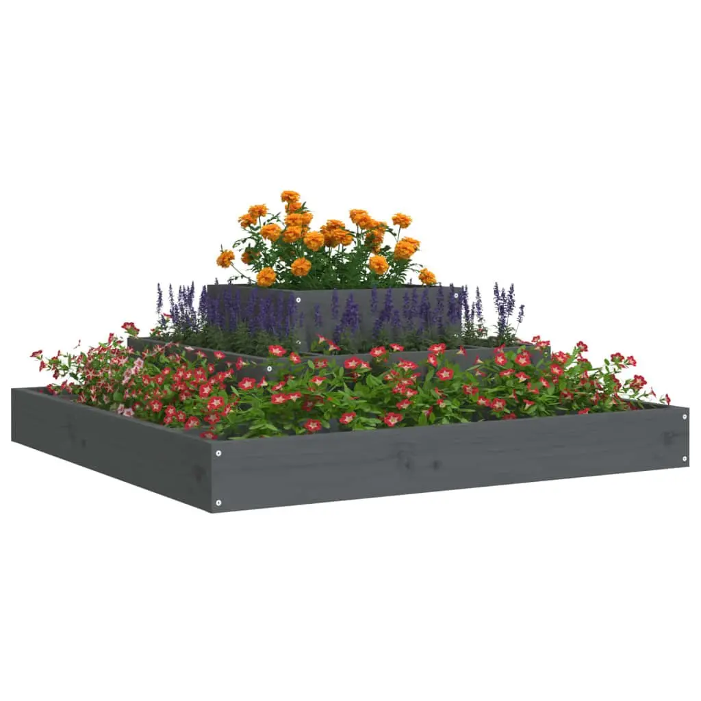 3-Tier Wooden Planter Box Grey Solid Pine 80x80x27 cm Raised Flower Pot