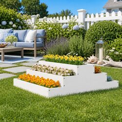 Wooden Planter Pot White 80x80x27cm Stair-Step Design Raised Flower Bed